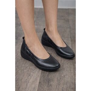 Vionic Black Leather Slip On Ballet Flats Comfort Wedge Women